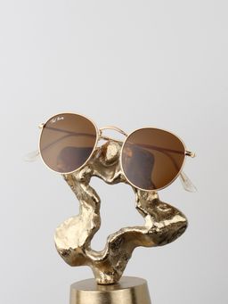 TED SMITH - Unisex Round Sunglasses Gold Metal Frame Dark Brown Glass Lenses 100% Uv Protection