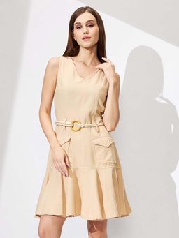 Globus - Beige V-Neck Flared Hem A-Line Dress with Belt (Set of 2)