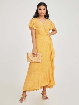 Styli - Yellow Short Sleeves Ditsy Print Wrap Maxi Dress
