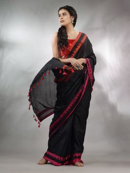 CHARUKRITI - Black Cotton Handwoven Saree with Woven Heart Borders & Unstitched Blouse