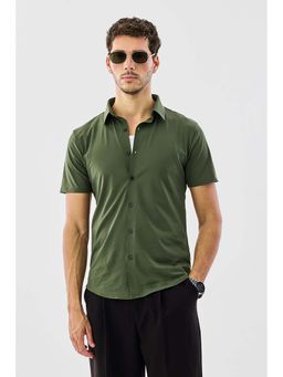 Snitch - Men Olive Solid Half Sleeves Slim Casual Shirt