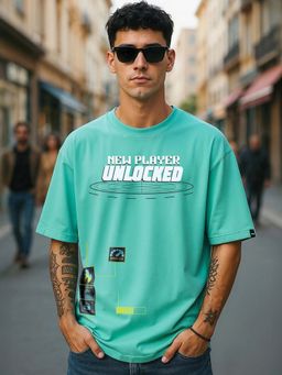 Bewakoof - Men Sea Green Typography Printed Oversized T-shirt