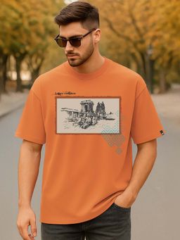 Bewakoof - Men Caramel Orange Legacy Graphic Printed Oversized T-shirt