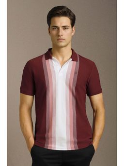 Louis Philippe - Men Maroon Stripes Polo Neck T-shirt