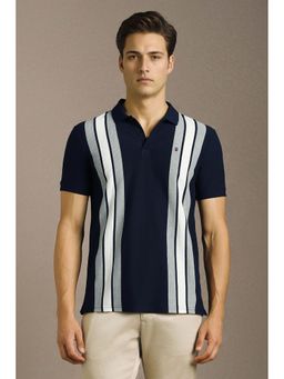 Louis Philippe - Men Navy Blue Stripes Polo Neck T-shirt