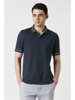 Peter England - Men Navy Blue Solid Polo Neck T-shirt