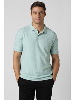 Peter England - Men Sea Blue Textured Polo Neck T-shirt