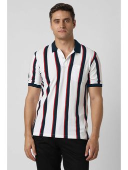 Peter England - Men White Stripes Polo Neck T-shirt