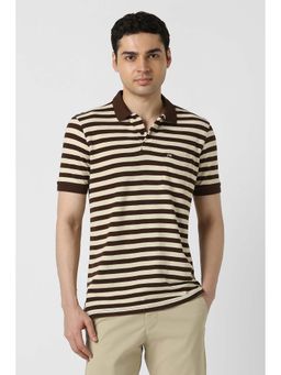 Peter England - Men Brown and Beige Stripes Polo Neck T-shirt