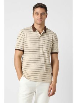 Peter England - Men Beige Stripes Polo Neck T-shirt