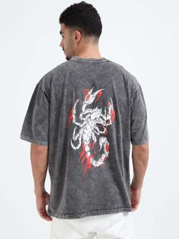 RHINO CULT - Men Charcoal Scorpion Acid Wash Graphic Printed T-shirt
