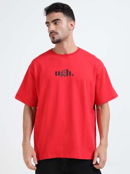 RHINO CULT - Men Red Ugh Typography Oversized T Shirt