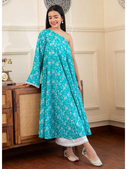 Aadveka - Blue One Shoulder Jaipuri Printed Flared Kurta & Palazzo (Set of 2)