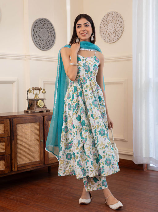 Aadveka White Noodle Strap Printed Cotton Anarkali Kurta with Palazzo and Dupatta (Set of 3)