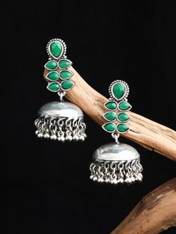 Fida - Wedding Silver Plated Green stone Glossy Jhumka Earrings For Women