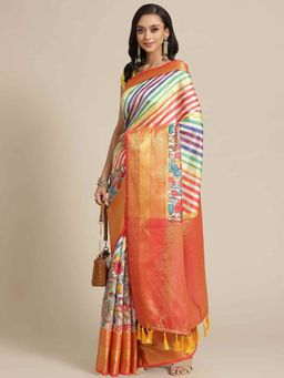 Silk Land - Pure Silk Stripes & Woven Saree with Unstitched Blouse Piece Multi-Color with Unstitched