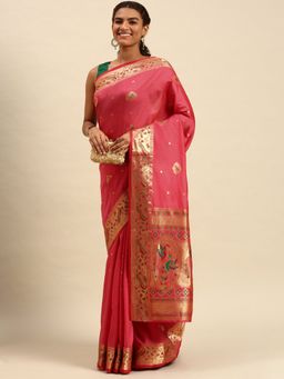 Sangam Prints - Pink Silk Woven Work Traditional Saree with Unstitched Blouse
