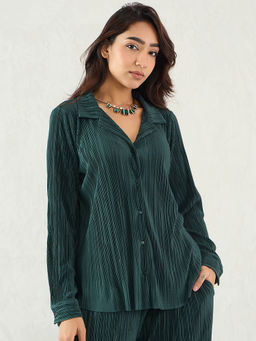 Femmella - Green Pleated Button Down Shirt