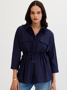 Femmella - Navy Blue Poplin Dual Pocket Shirt
