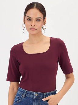 Femmella - Wine Cotton Half Sleeves Bodysuit