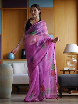 Odette - Pink Printed Organza Saree with Unstitched Blouse