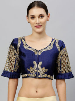 Amrutam Fab - Womens Navy Blue Phantom Silk Blouse Round Neck