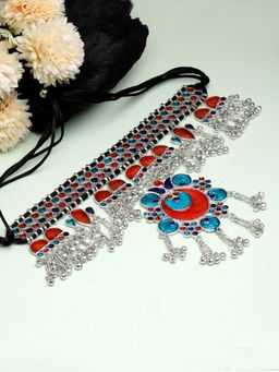 Moedbuille - Handcrafted Meenakari Work Afghan Floral Design Oxidised Silver Plated Tasselled Choker