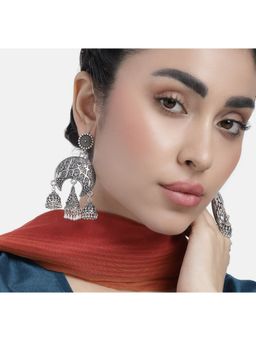 Laida - Silver-Oxidised Three Hanging Jhumka Earrings