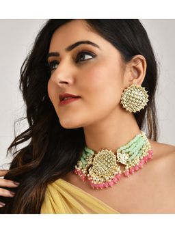 Laida - Gold-Plated Sea Green Pink Pearls Studed Multistrand Choker Jewellery Set