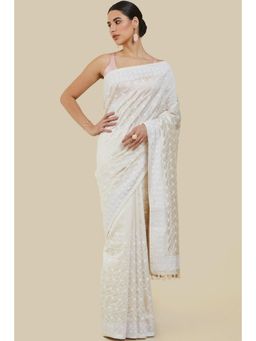 Soch - Women Off White Silk Embroidered Saree with Unstitched Blouse