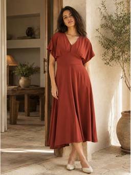 Trend Arrest - Women Empire V-Neck Rust Dress