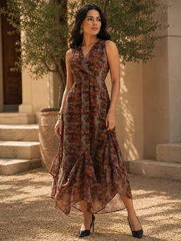Trend Arrest - Brown Flared Printed Midi Dress