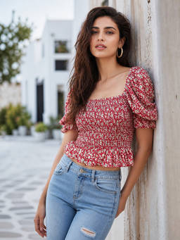 Trend Arrest - Red Puff Sleeve Smocked Crop Top