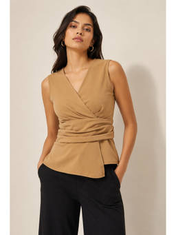 Trend Arrest - Camel Wrap-Front Belted Sleeveless Top