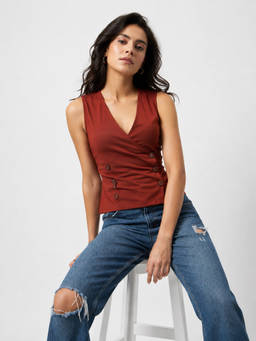 Trend Arrest - Brown Wrap Button Detail Top