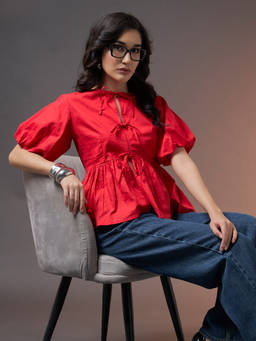 Trend Arrest - Red Tie-Up Peplum Top