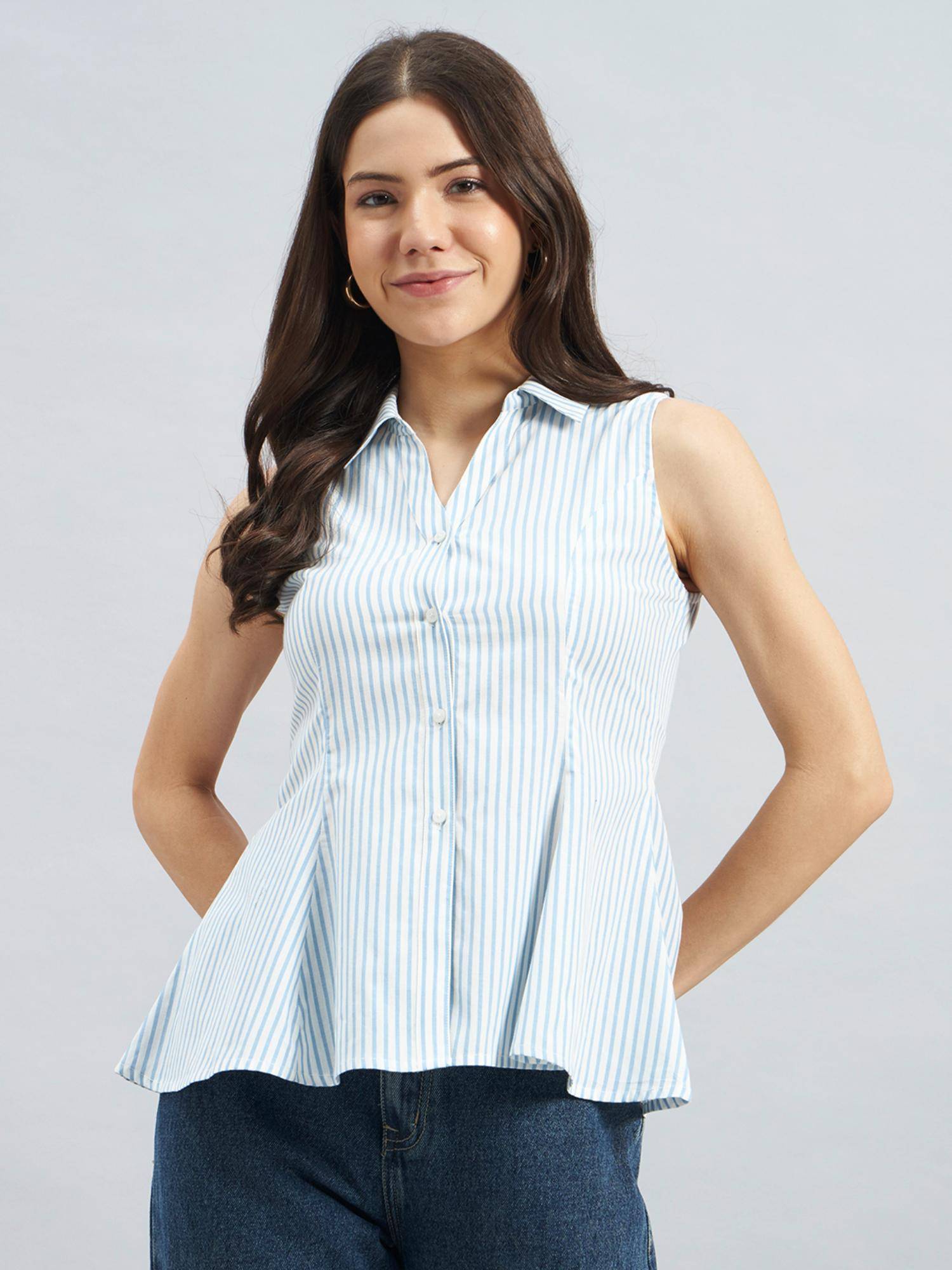 Womens Flared Hem Blue Stripes Sleeveless Cotton Top