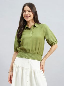 Twenty Dresses by Nykaa Fashion - Womens Green Poly Lycra Collar Neck Half Sleeve Top