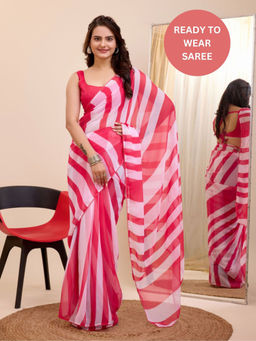 VAIRAGEE - Rakul Pink Stripes Pre-Draped Saree with Unstitched Blouse