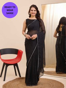 VAIRAGEE - Rakul Black Stripes Pre-Draped Saree with Unstitched Blouse