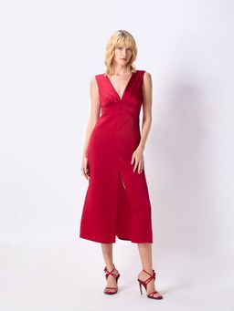 Cover Story - Red Satin Fit & Flare Midi Dress