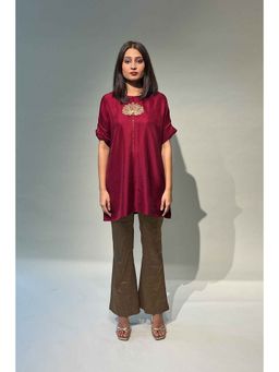 Rukinder Kumar - Women Burgundy Silk Embroidered Tunic