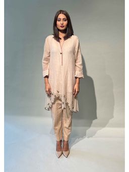 Rukinder Kumar - Women Beige Silk Full Sleeves Kurta with Slip