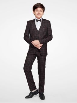 Jeetethnics - Boys Black Checked Coat Suit With Waistcoat Shirt & Trousers (Set of 5)