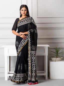 Baisacrafts - Elise Handblock Cotton Saree With Unstiched Blouse