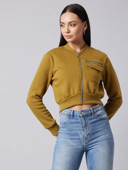 DOLCE CRUDO - Women's Olive Stand Collar Full Sleeve Solid Boxy-bomber Crop Jacket