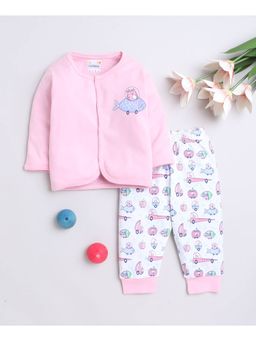 Bumzee - Pink & White Baby Girls Full Sleeves Jabla & Pyjama (Set of 2)