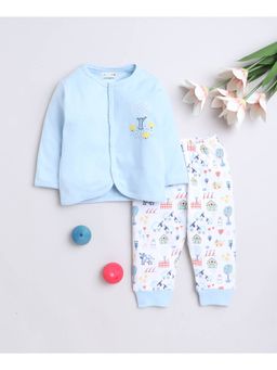 Bumzee - Sky Blue & White Baby Boys Full Sleeves Jabla & Pyjama (Set of 2)