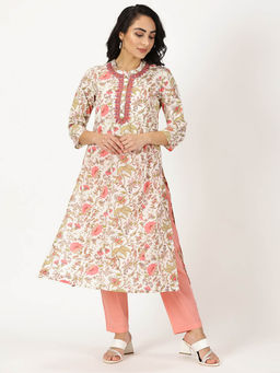Saffron Threads - Peach & White Ethnic Floral Print Kurta with Neck Embroidery