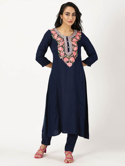 Saffron Threads - Navy Blue Kurta with Kashida Embroidery